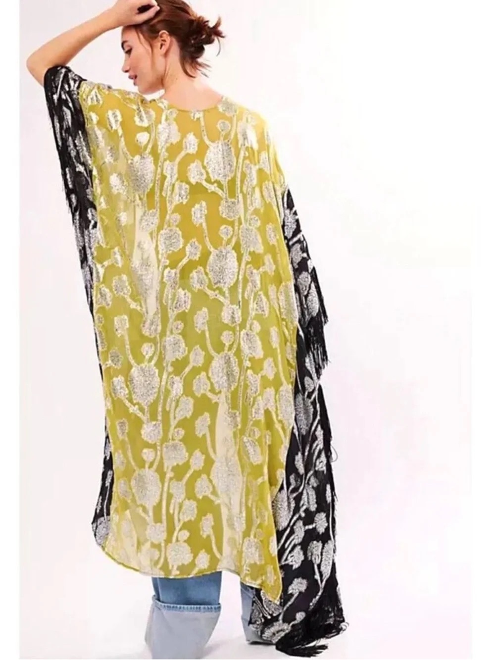 Free People | Yellow, Black and Silver Pattern Kimono w Black Fringe, O/S